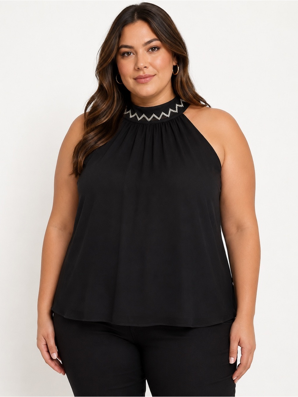 NWT Eva Mendes Beaded Black High Neck Sleeveless Blouse Plus Size